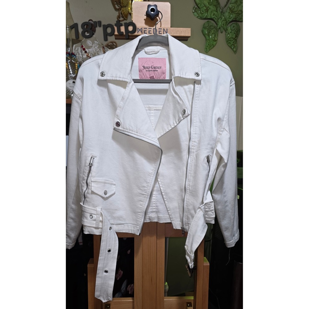 Juicy Couture White Denim Moto Jacket Womens XS Asymmetric Zip Belted Biker